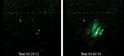 Two images of the sky over the HAARP Gakona Facility using the NRL-cooled CCD imager at 557.7 nm. The field of view is approximately 38°. The left-hand image shows the background star field with the HF transmitter off. The right-hand image was taken 63 seconds later with the HF transmitter on. Structure is evident in the emission region. (Wikimedia Commons)
